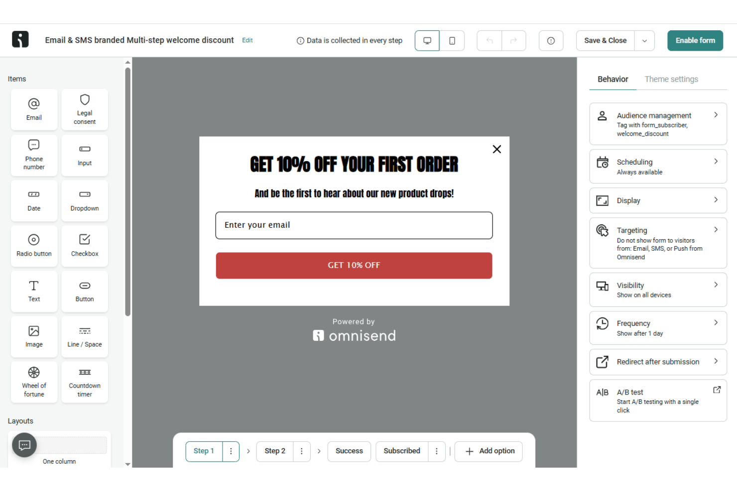 Omnisend popup editor shows a 10% signup offer and behavior settings.