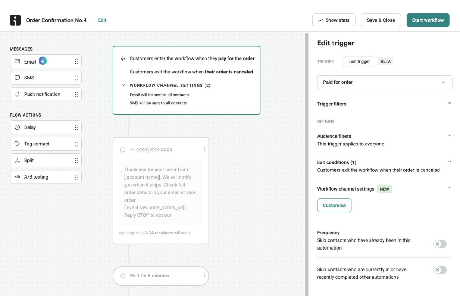 Omnisend workflow shows order confirmation, SMS preview, and trigger settings.