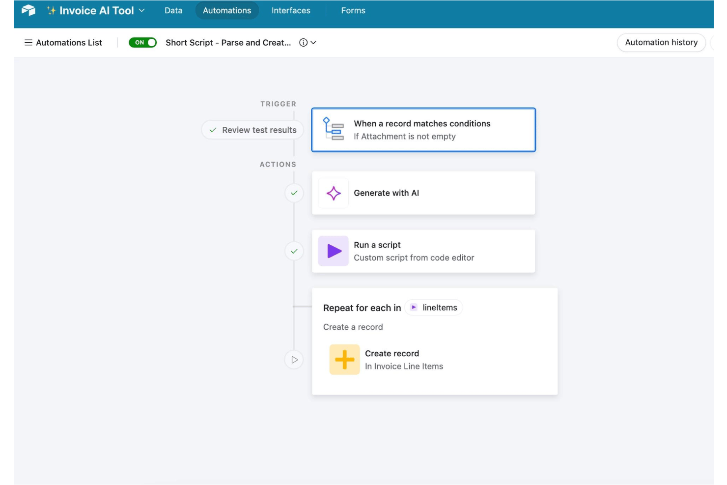 Airtable workflow shows AI generation, script execution, and record creation.