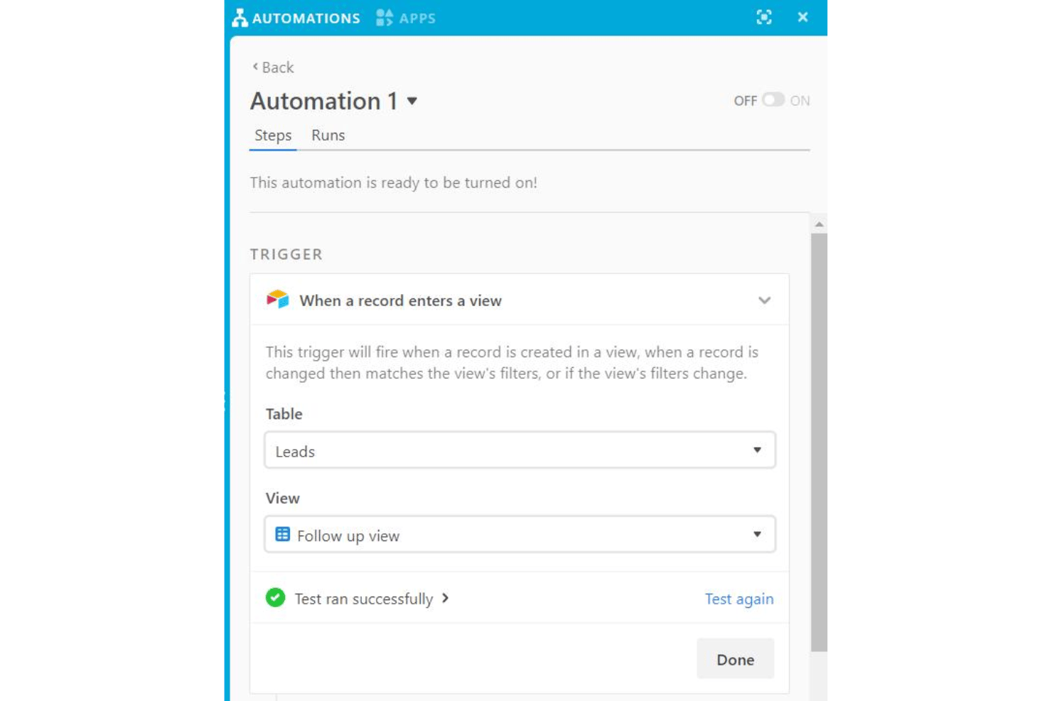 Airtable automation triggers from the Leads table’s Follow up view.
