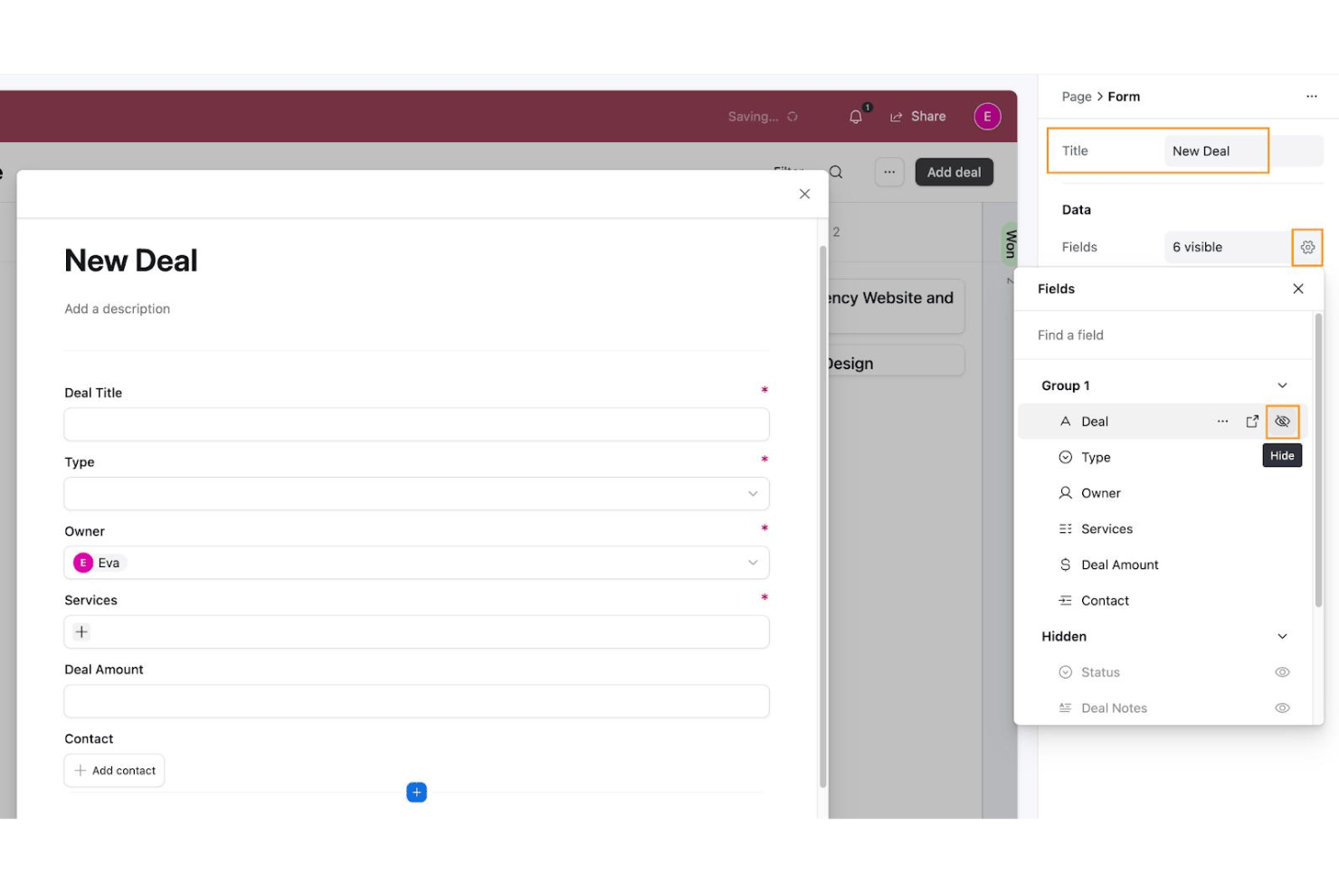 Airtable New Deal form shows visible and hidden field options.