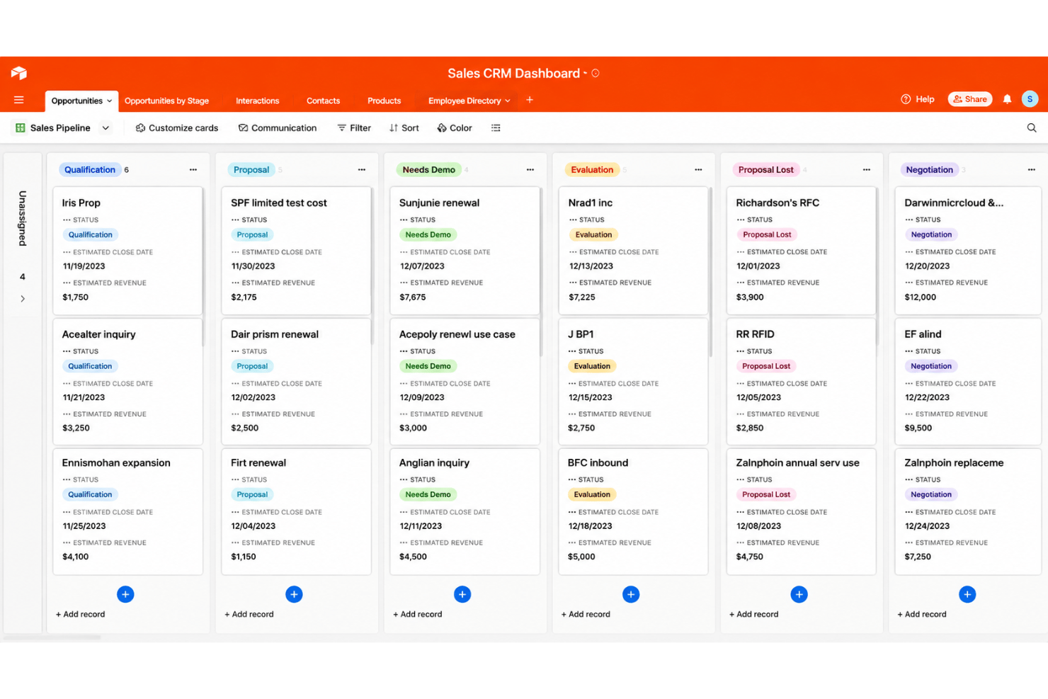 Airtable Sales CRM shows six Kanban pipeline stages with deal cards.