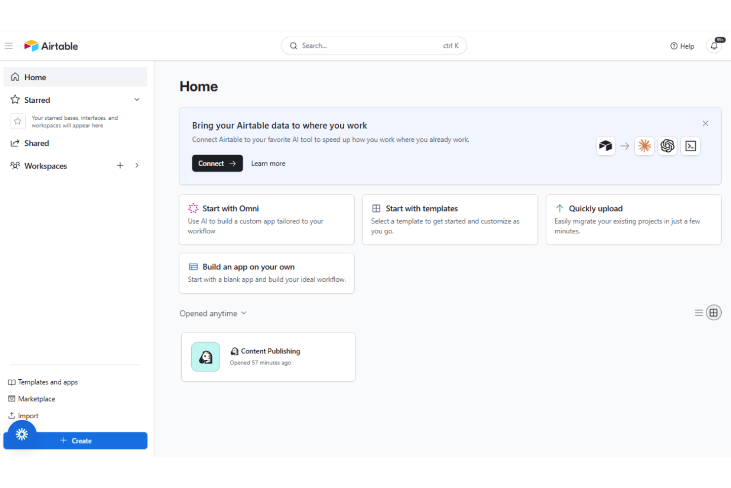 Airtable Home offers Omni AI, templates, file uploads, and blank app creation.