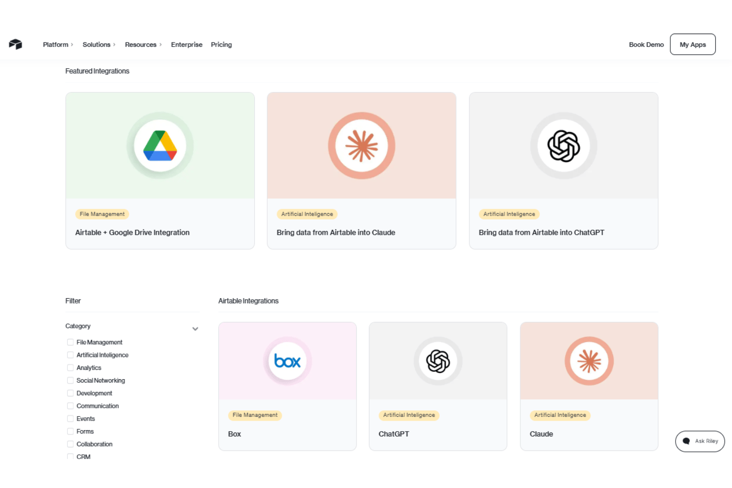 Airtable shows featured integrations with category filters.