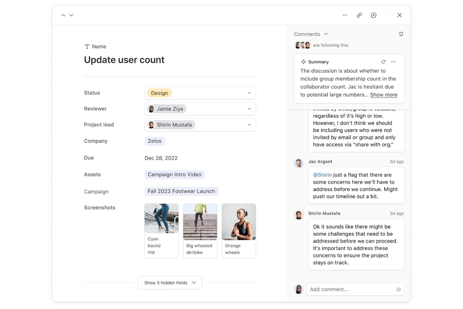 Airtable task record shows an AI summary and team comments thread.