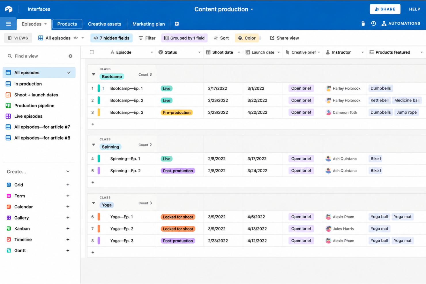 Airtable groups content episodes by class with status and dates.