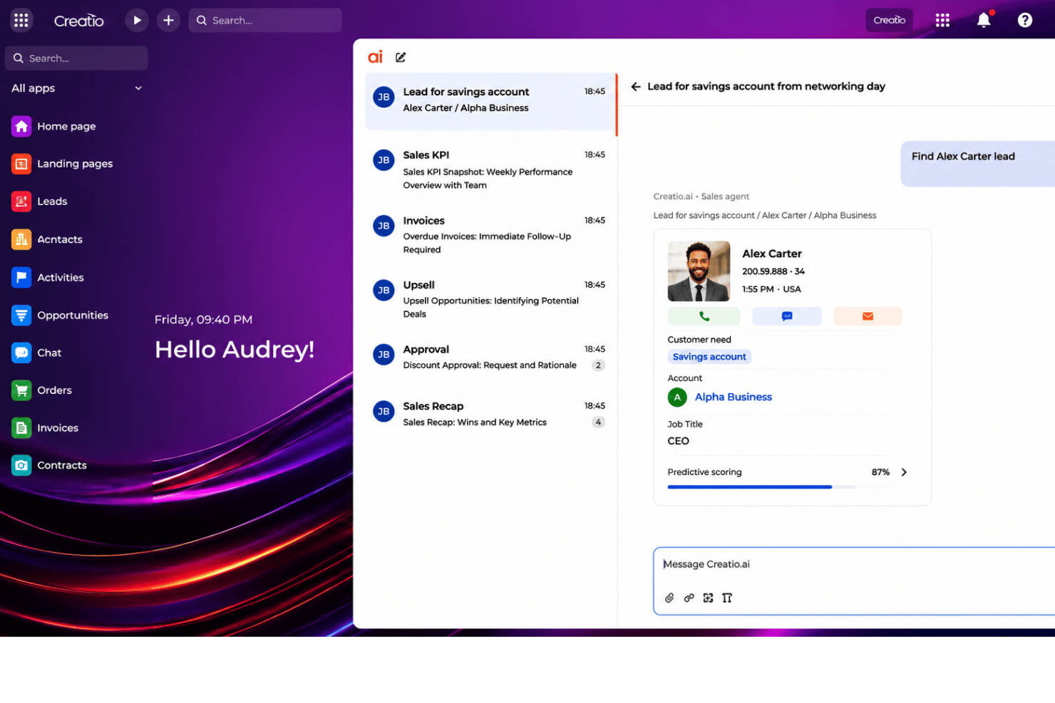 Creatio CRM AI chat showing Alex Carter lead profile with 87% predictive score.