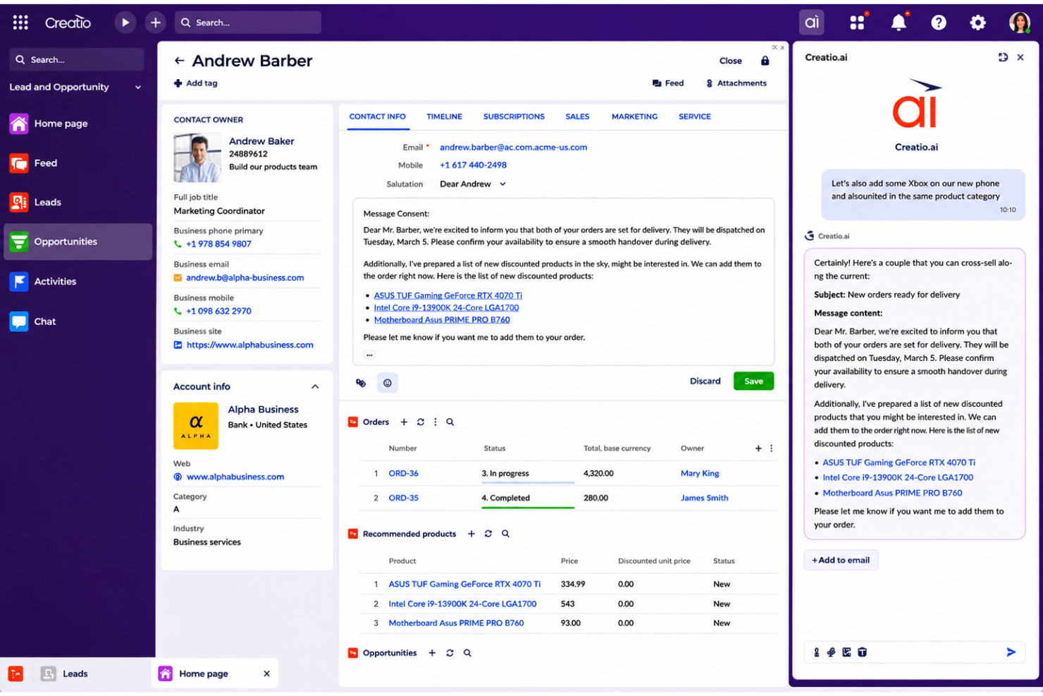 Creatio CRM contact profile with AI chat generating a cross-sell email draft.