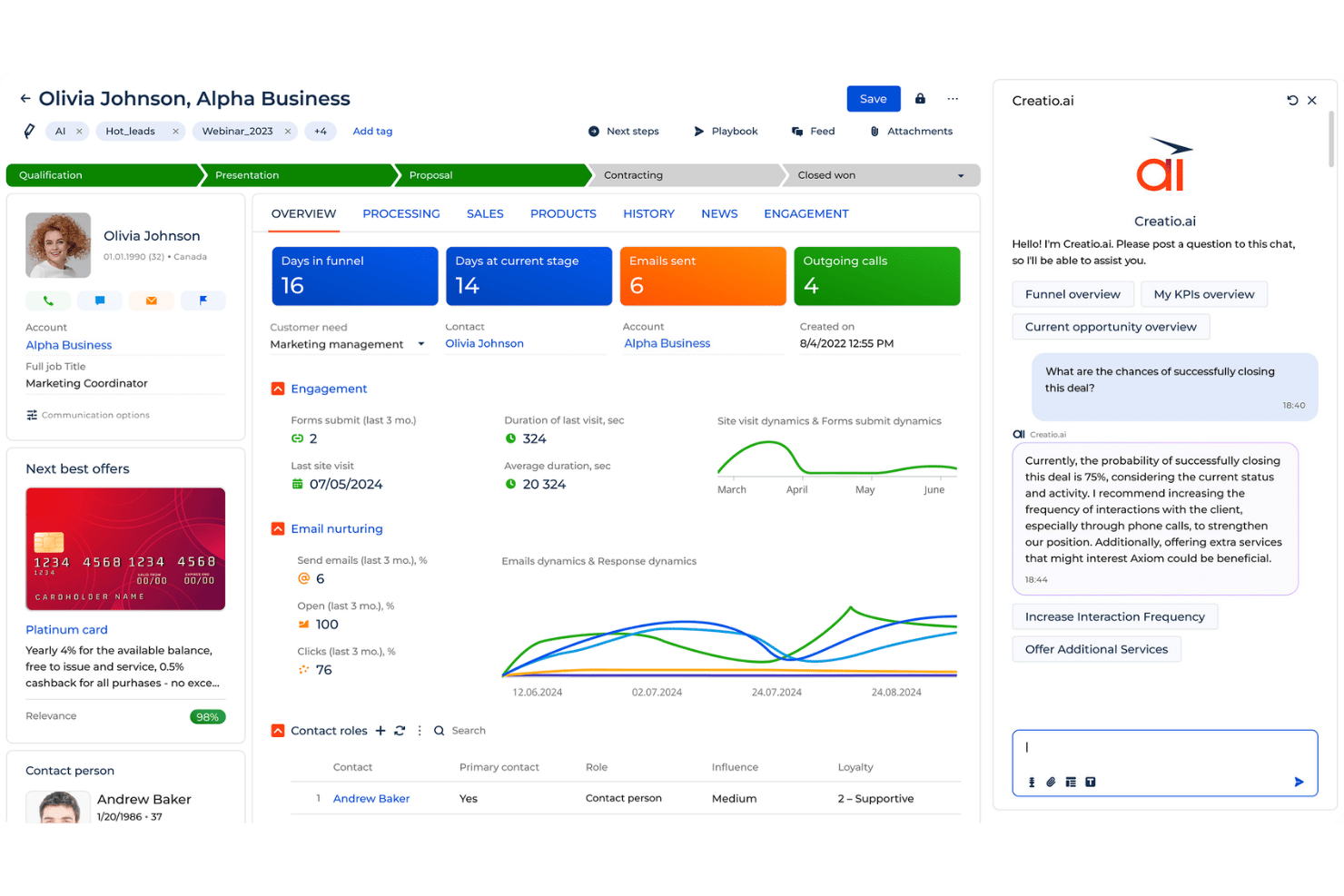 Creatio CRM uses built-in AI to predict deal closure probability and suggest next steps.