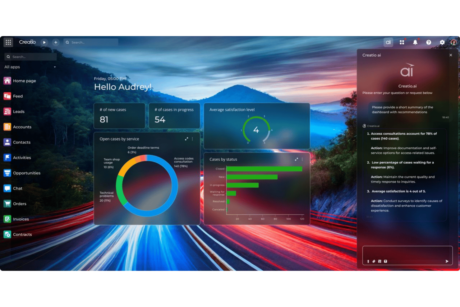 Creatio CRM dashboard with AI assistant panel showing case analytics and recommendations.
