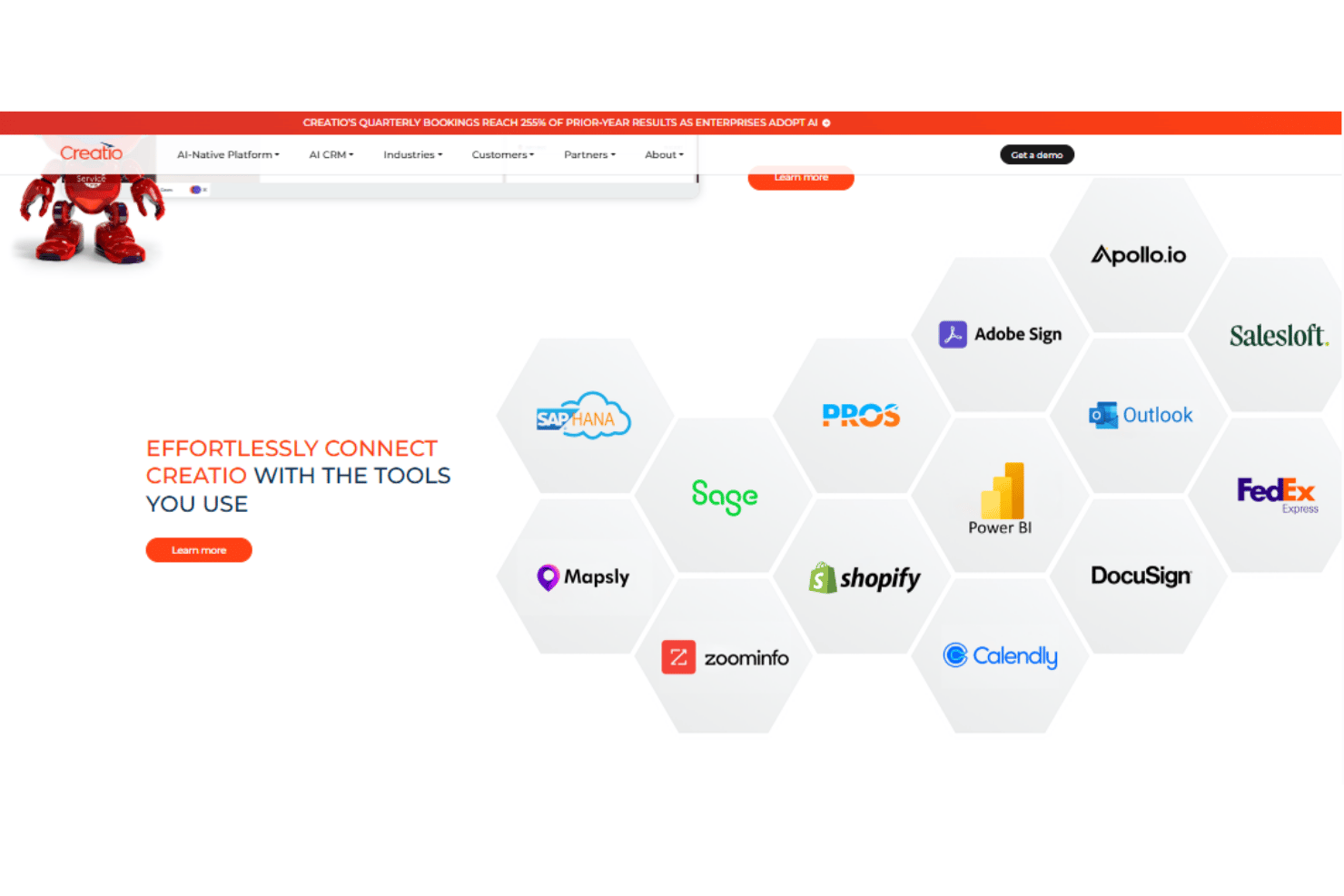Creatio integration partners shown in hexagonal grid layout with logos.