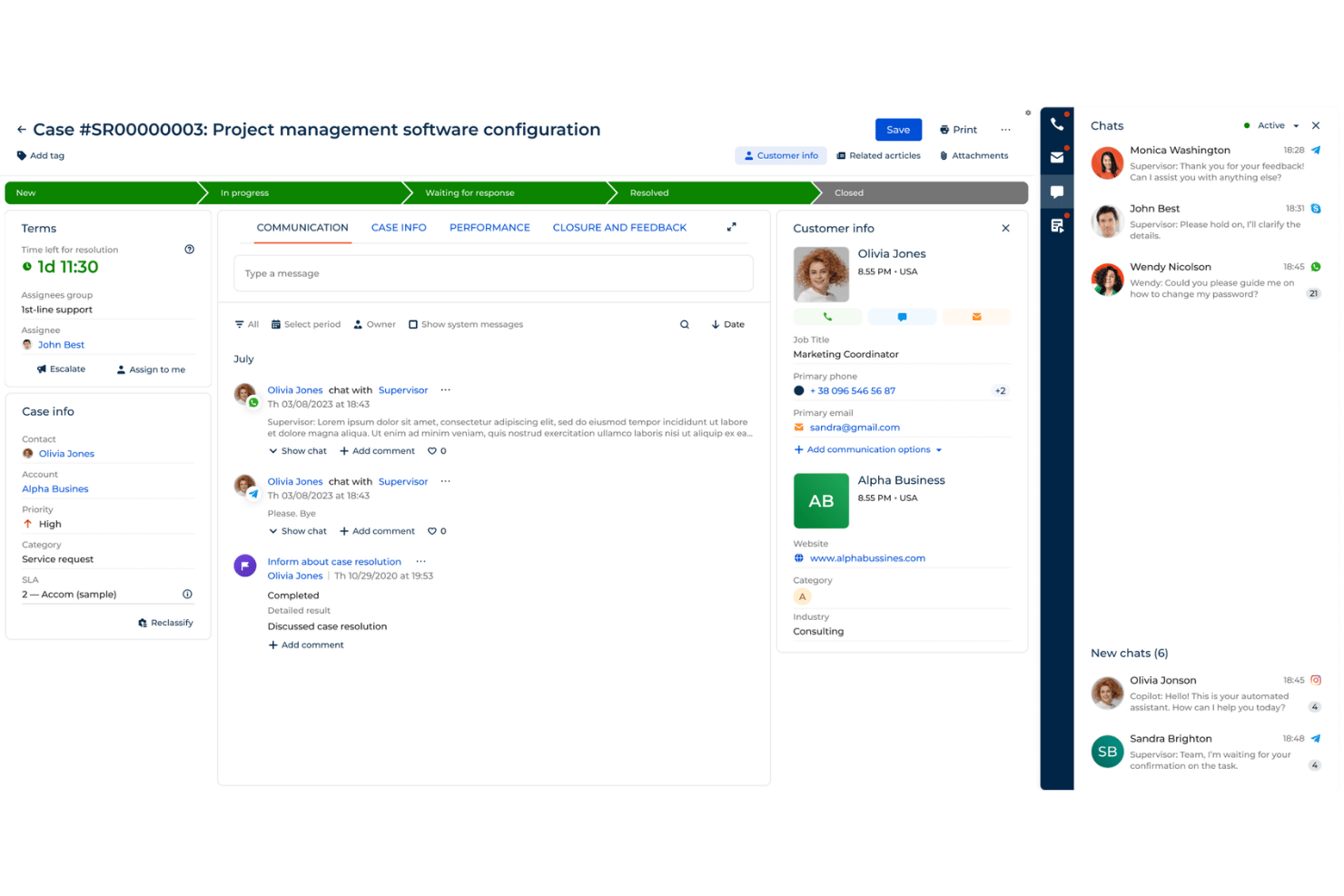 Creatio CRM case management screen showing communication log and customer details panel.