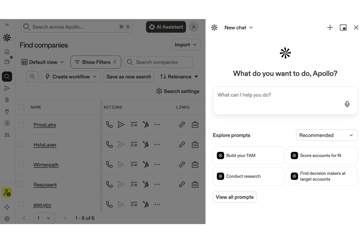 Apollo.io AI Assistant with prospect research and sales workflow tools.