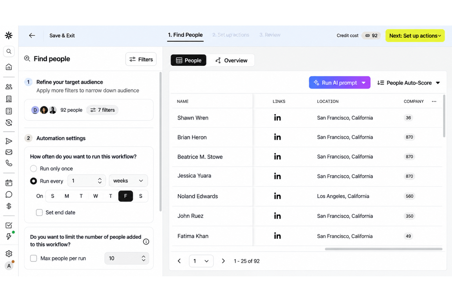 Apollo.io prospecting with contact, company, and search filters.