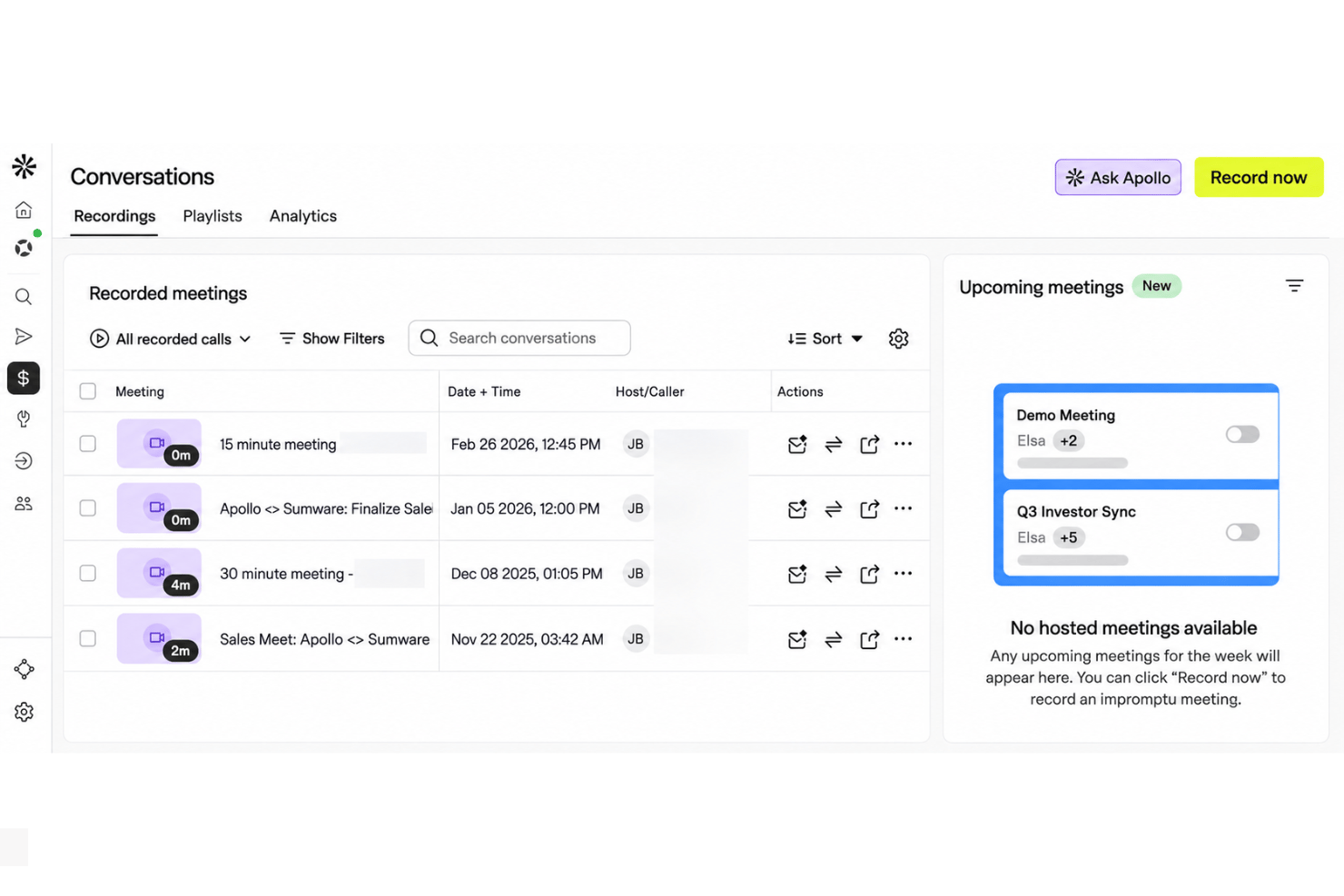 Apollo.io conversation intelligence with call insights and deal activity.