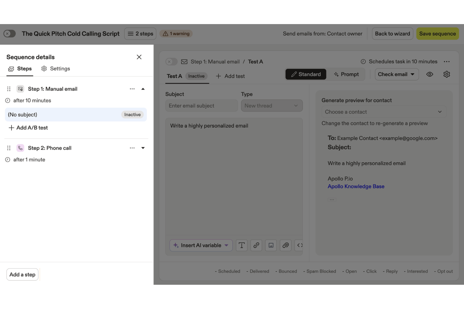 Apollo.io sales sequence with email, calls, LinkedIn, and tasks.