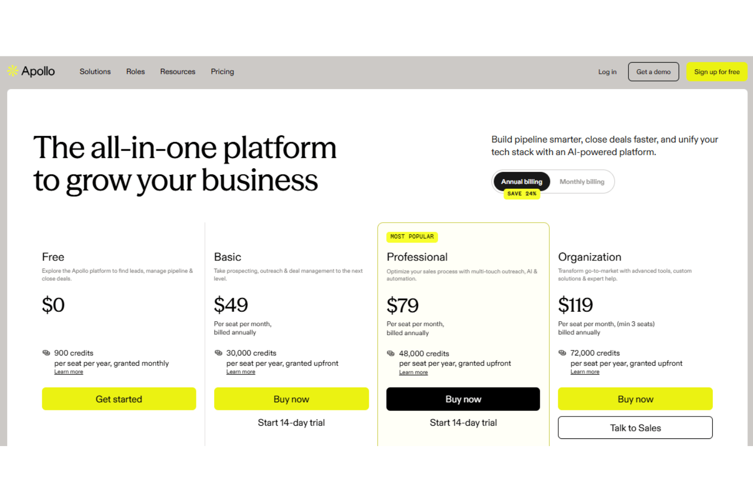 Apollo.io pricing with Free, Basic, Professional, and Organization plans.