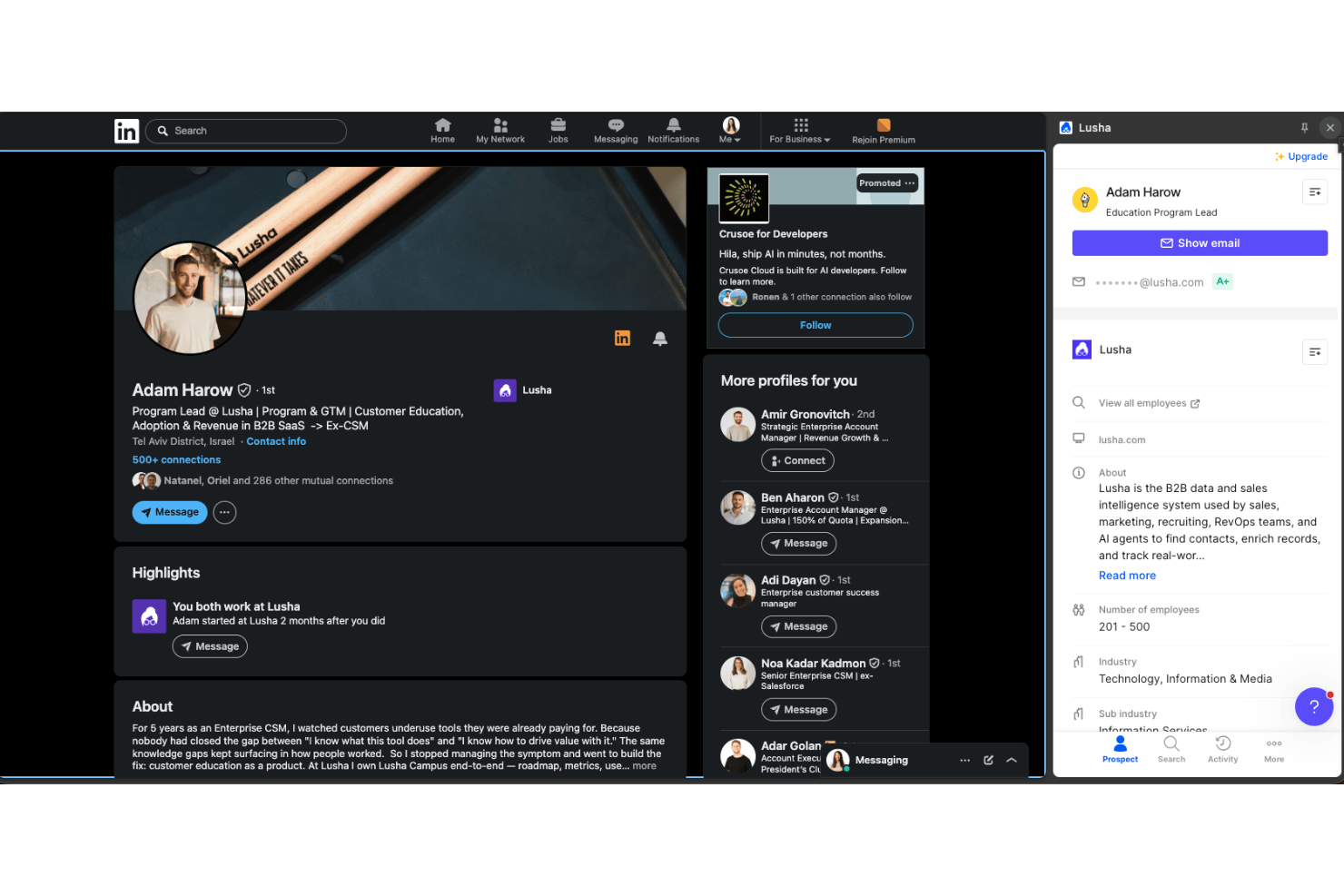 Lusha browser extension showing contact details alongside LinkedIn.