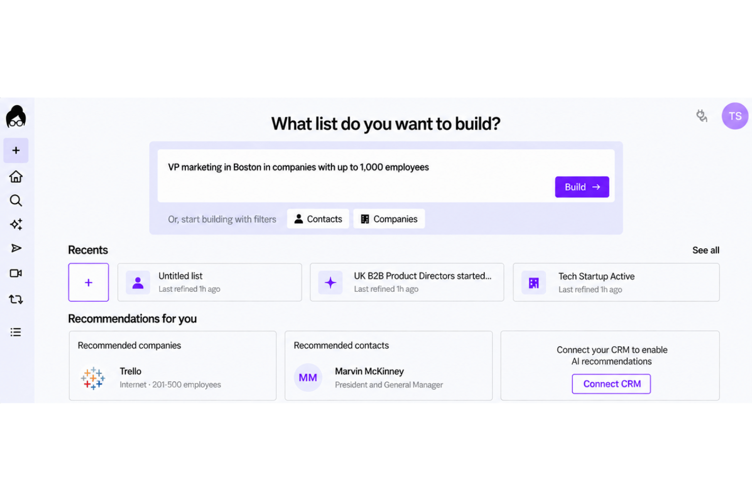 Lusha interface with prospect search, verified contacts, and credit usage.