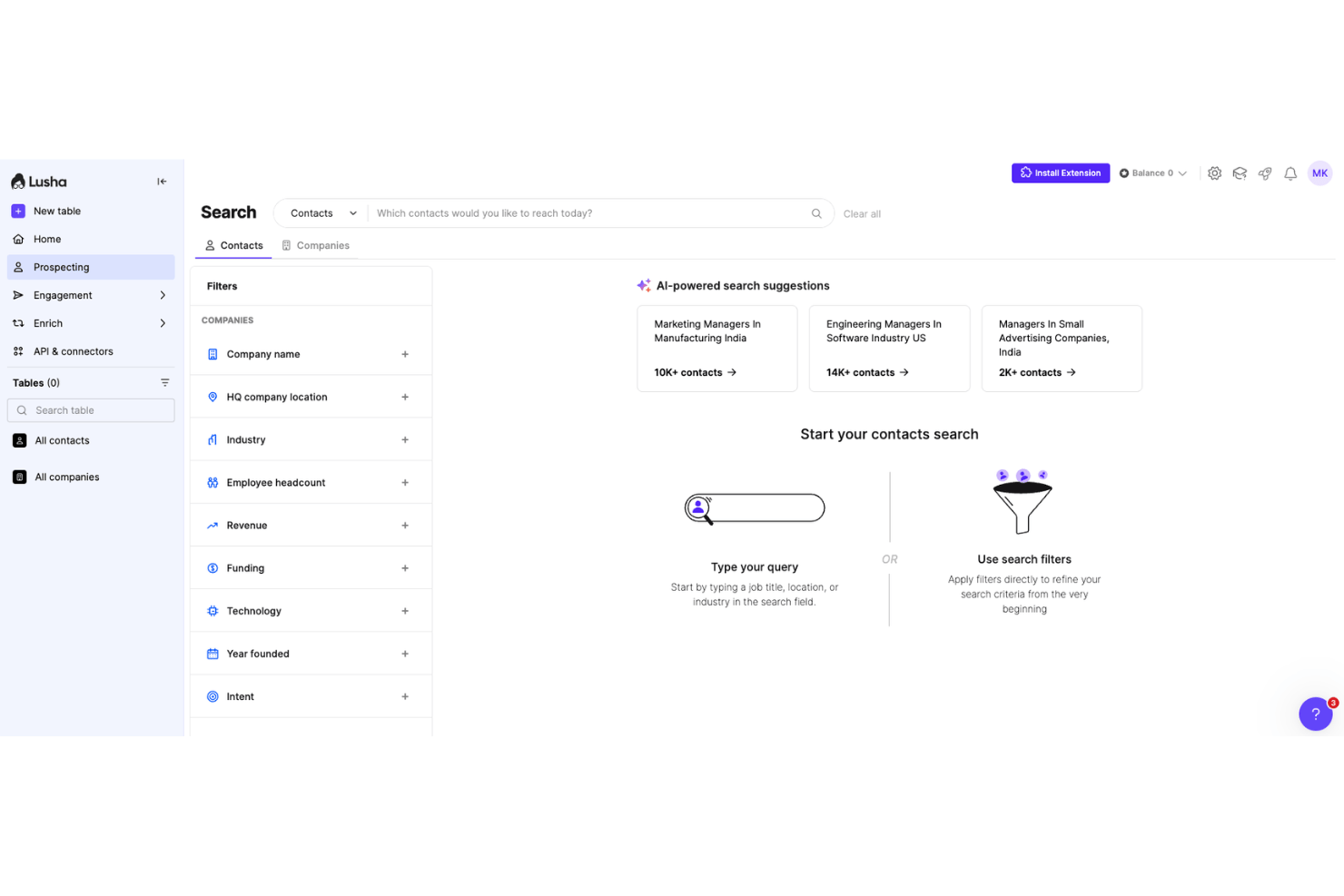 Lusha prospect search with title, company, location, and industry filters.