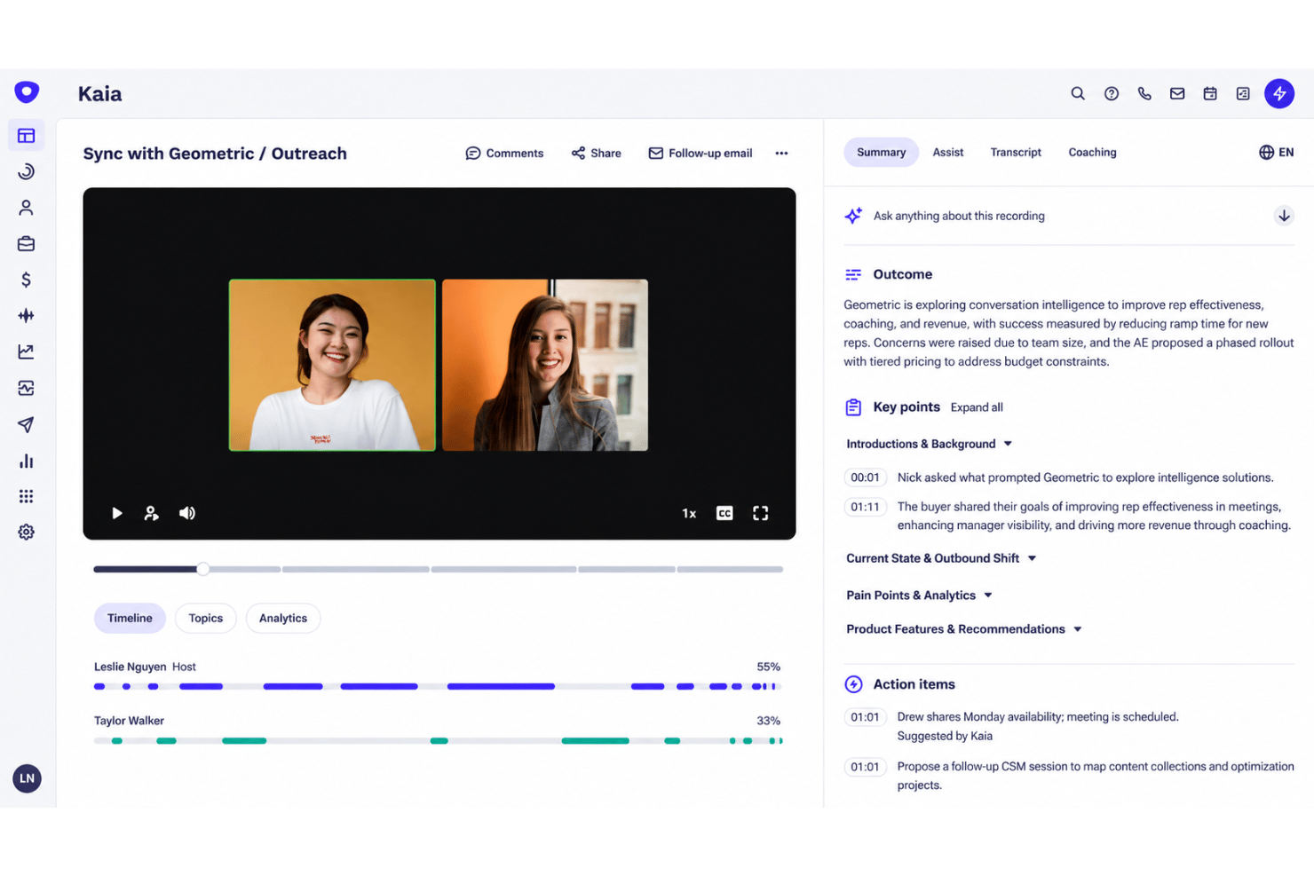 Outreach conversation intelligence with transcripts and call insights.