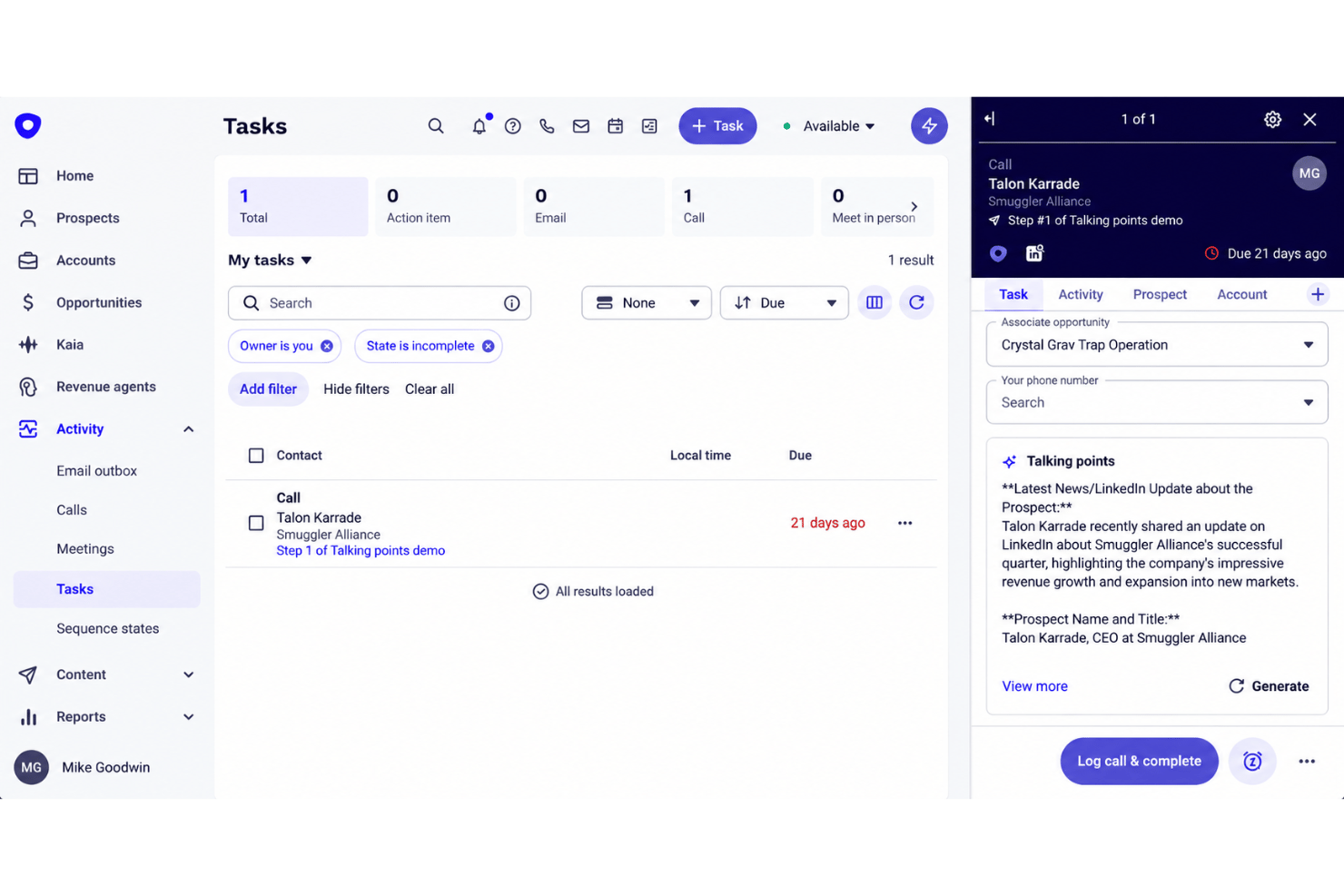 Outreach guided selling workflow with tasks and recommended actions.