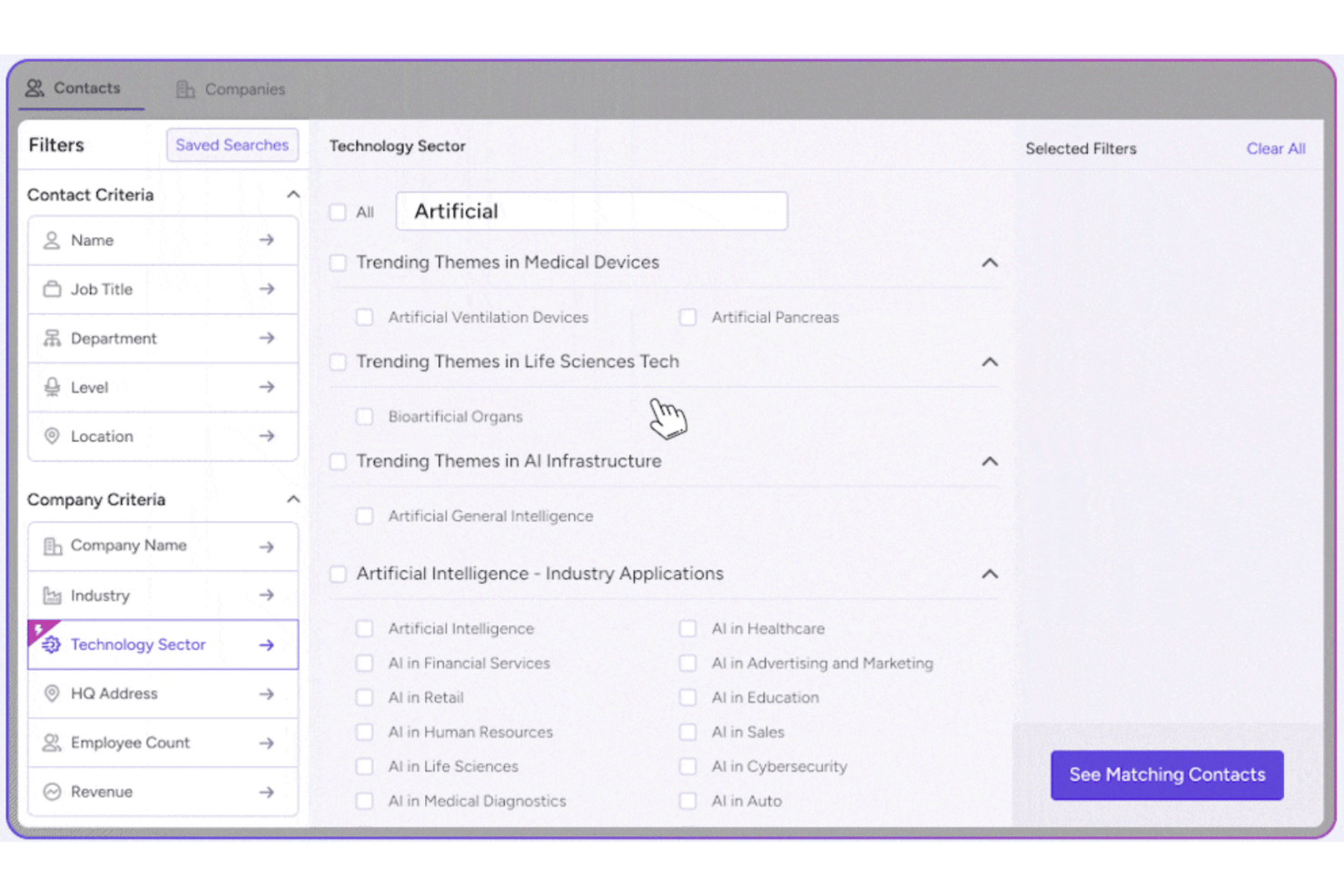Adapt provides a dashboard for tracking credits, saved searches, contact lists, and prospecting workflows.