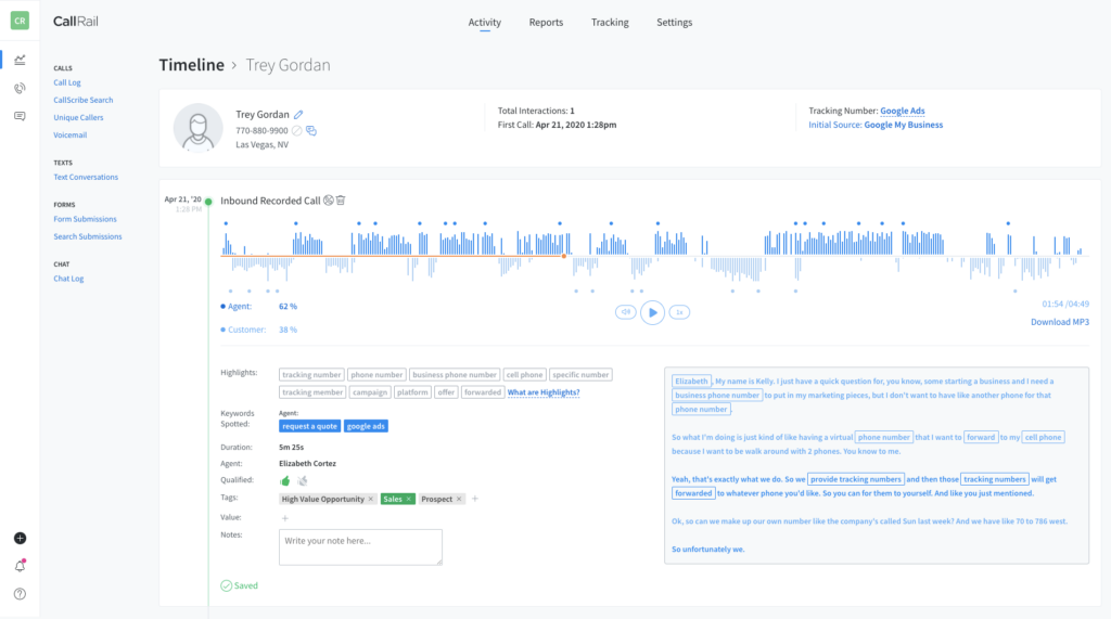 CallRail screenshot - 22 Meilleurs Logiciels d’Intelligence Conversationnelle en 2026