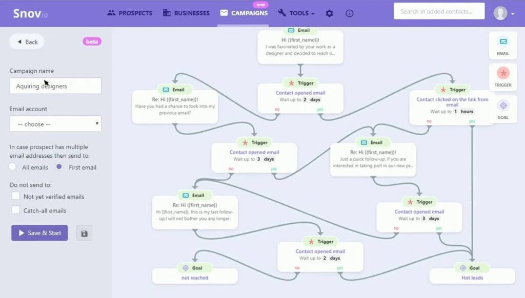 Snovio screenshot - I 10 migliori software per funnel di vendita recensiti per il 2026