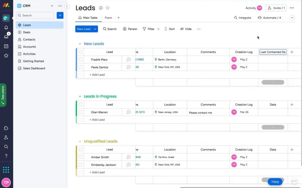 monday CRM screenshot - 10 Mejores Software de Embudos de Ventas Analizados para 2026