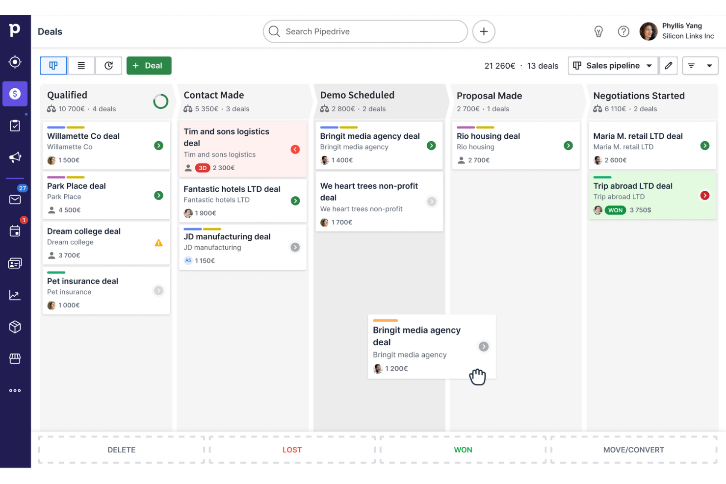 Pipedrive CRM screenshot - Le 10 Migliori Soluzioni di Sales Enablement Recensite per il 2026