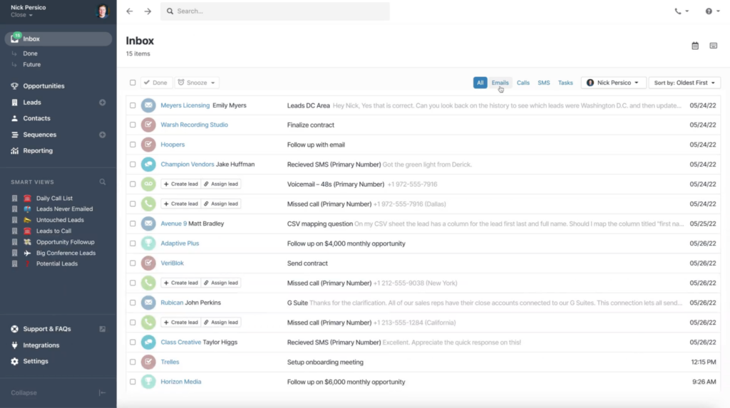 Close CRM screenshot - 10 Migliori Software CRM Immobiliare Recensiti per il 2026