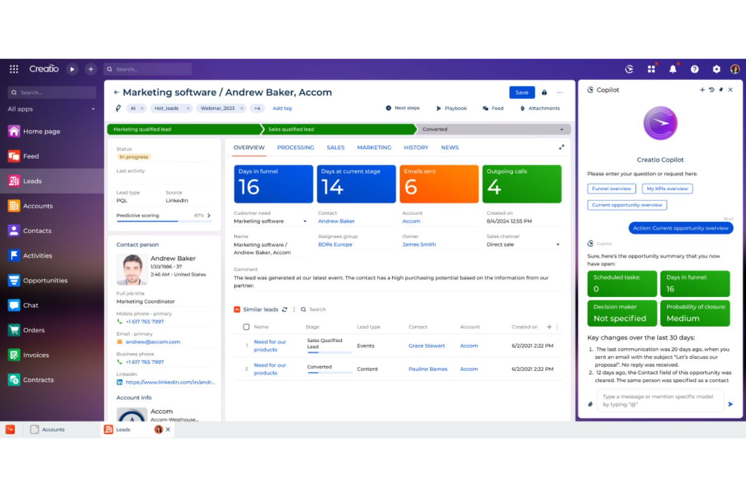 Creatio CRM screenshot - I 10 migliori software di gestione dei partner nel 2026
