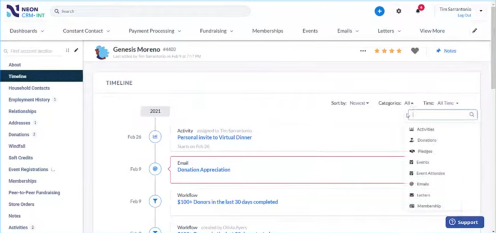 Neon CRM screenshot - 10 Migliori Software CRM per Organizzazioni Non Profit Recensiti per il 2026