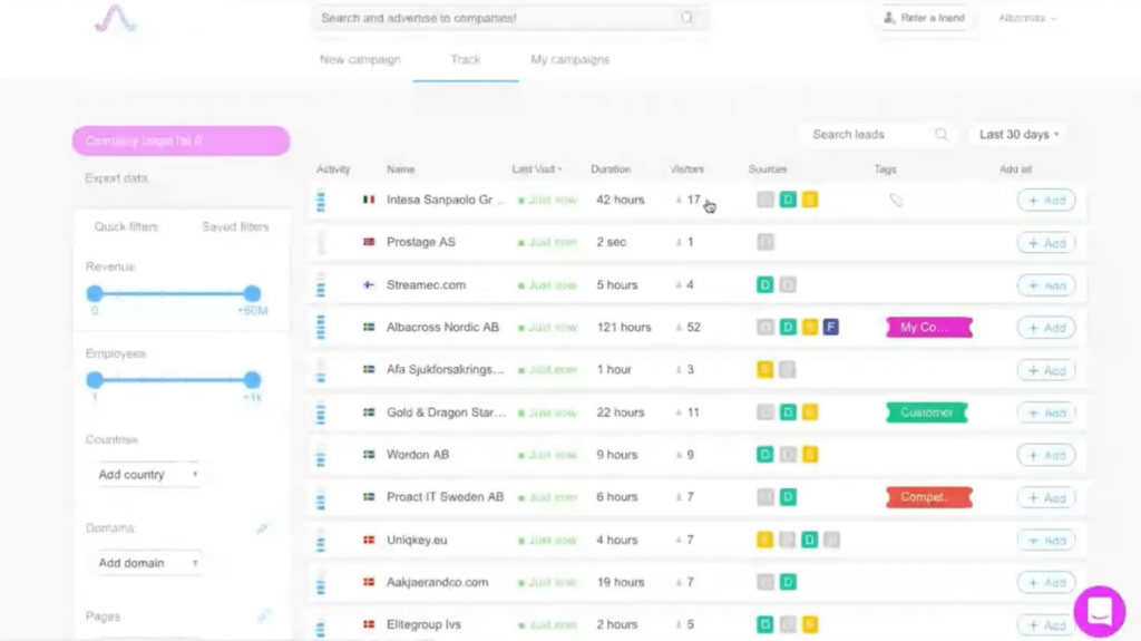 Albacross screenshot - Le 10 Migliori Soluzioni di Lead Mining Recensite per il 2026