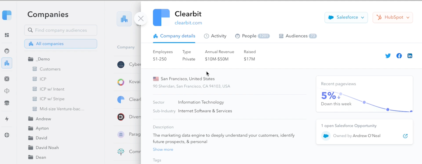 Clearbit screenshot - Le 10 migliori soluzioni di software per l’intelligence dei lead recensite per il 2026