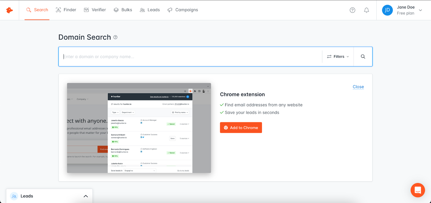 Hunter screenshot - Le 10 migliori soluzioni di software per l’intelligence dei lead recensite per il 2026