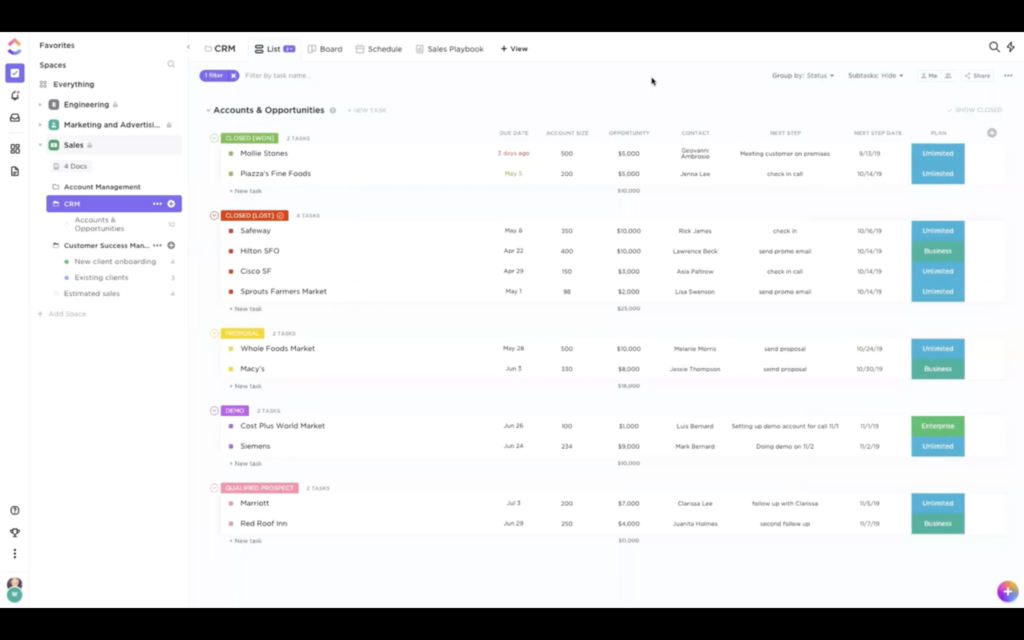 ClickUp screenshot - Los 15 mejores programas CRM gratuitos analizados para 2026