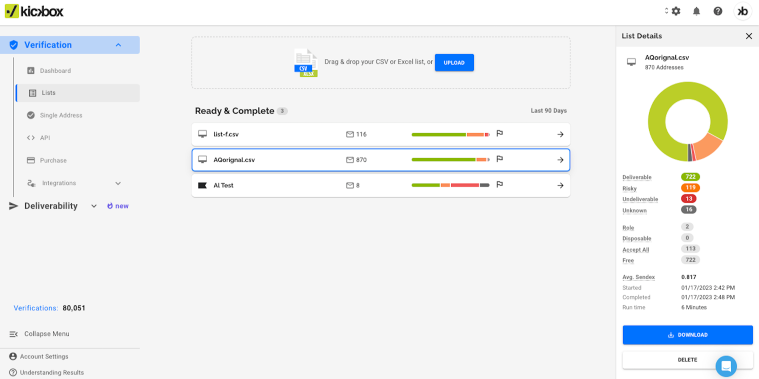 Kickbox screenshot - Le 10 Migliori Soluzioni per la Verifica delle Email nel 2026