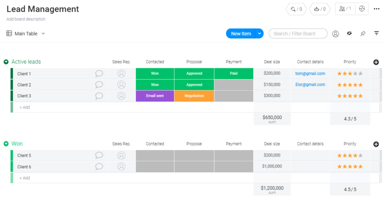 monday CRM screenshot - 10 Migliori Software Gratuiti per la Gestione dei Lead del 2026
