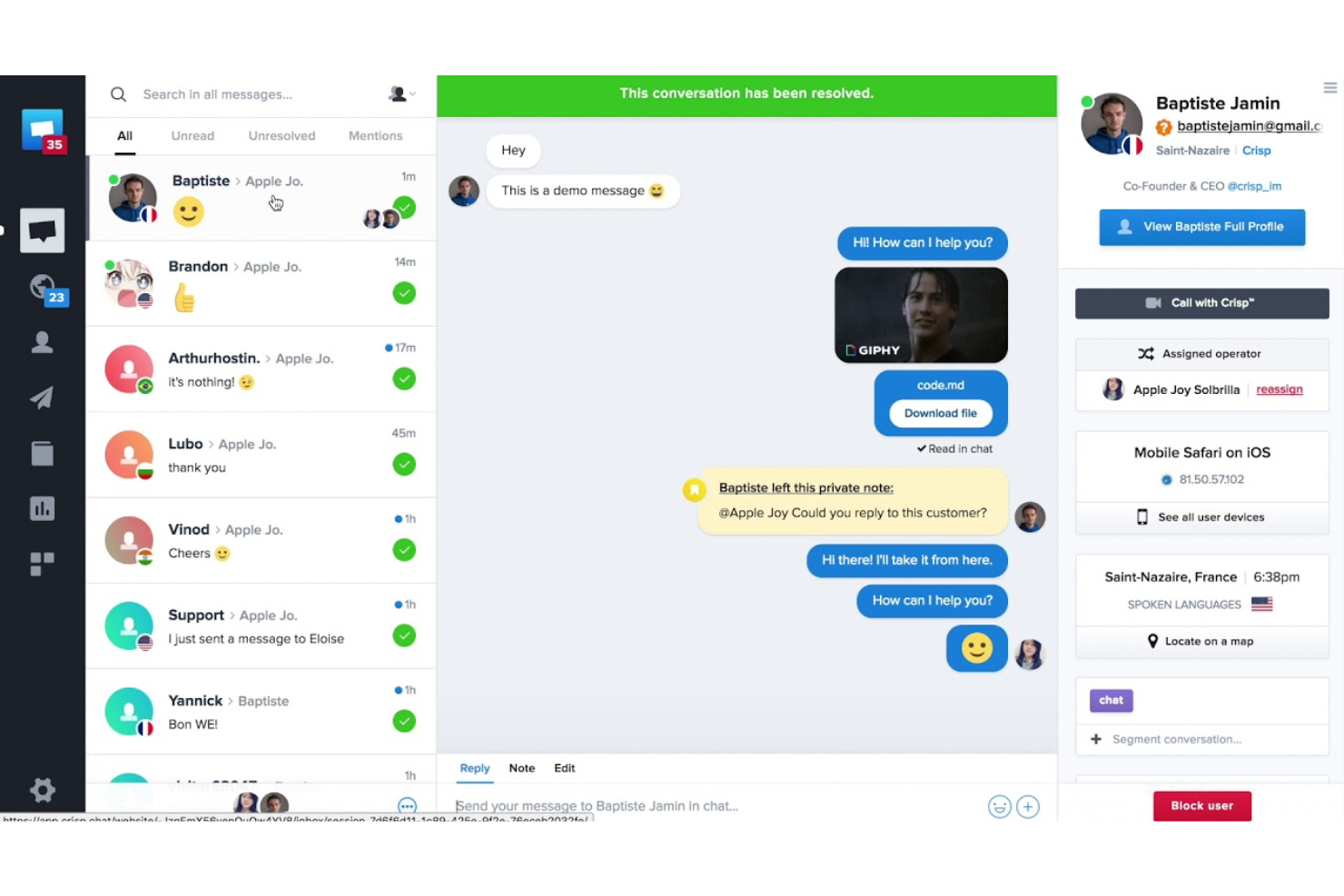Crisp screenshot - 10 Mejores Alternativas a Intercom en 2026
