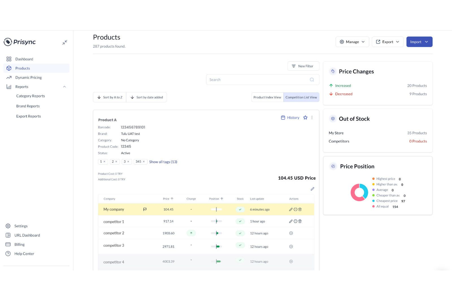 Prisync screenshot - Le 10 Migliori Soluzioni di Prezzi Dinamici Recensite nel 2026