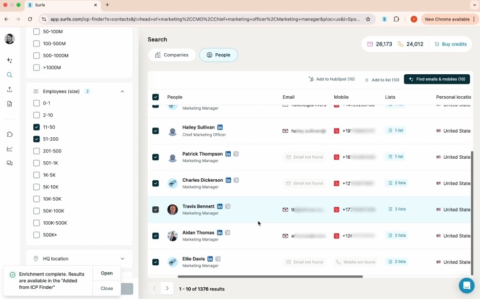 Surfe screenshot - Los 10 mejores buscadores de correos electrónicos reseñados en 2026