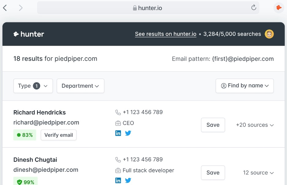 Hunter screenshot - I 10 migliori strumenti per trovare email recensiti nel 2026