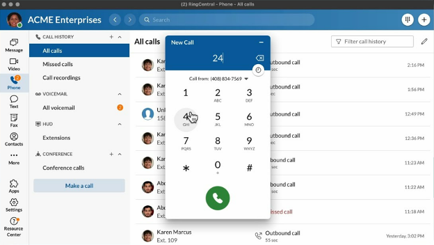 RingCentral screenshot - Los 10 mejores marcadores automáticos de llamadas analizados en 2026