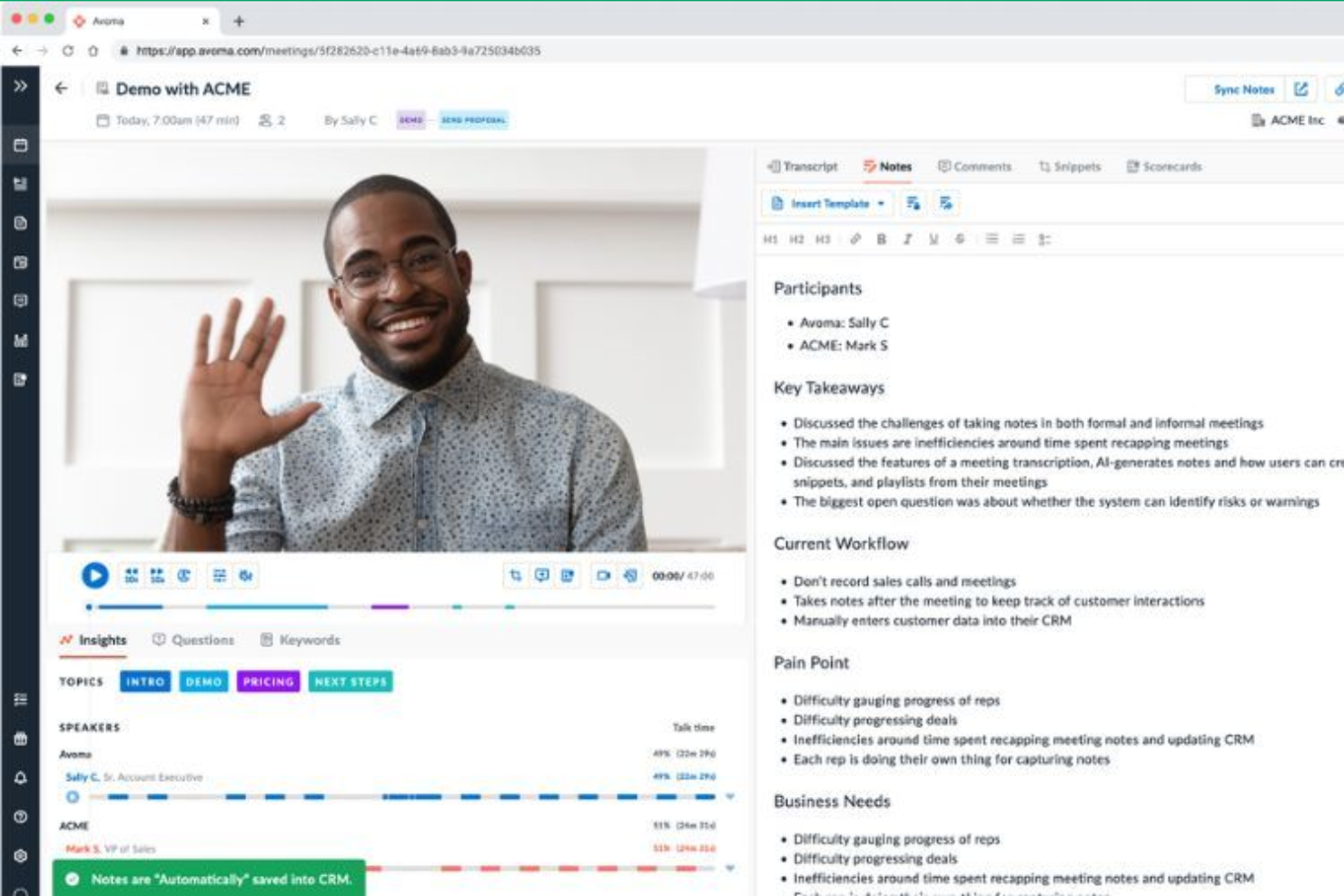 Avoma screenshot - Los 10 mejores software de asistentes de ventas con IA revisados en 2026