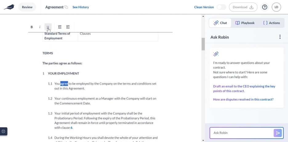 Robin screenshot - 10 mejores software de revisión de contratos con IA revisados en 2026