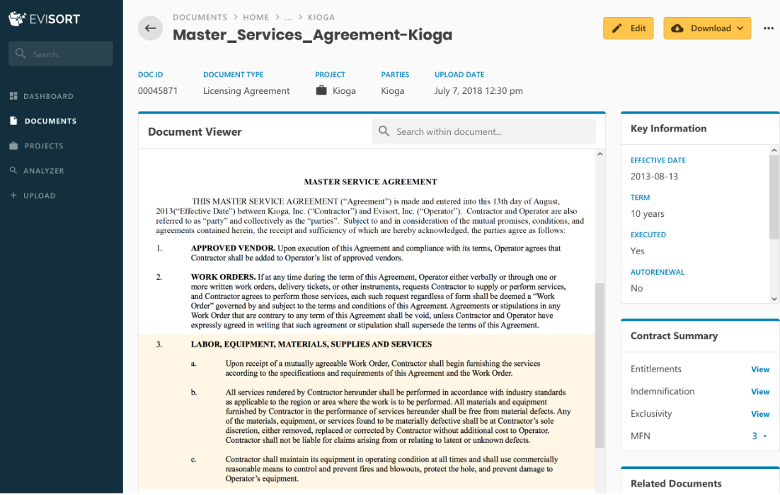 Evisort screenshot - Le 10 migliori piattaforme di revisione contrattuale con IA recensite nel 2026