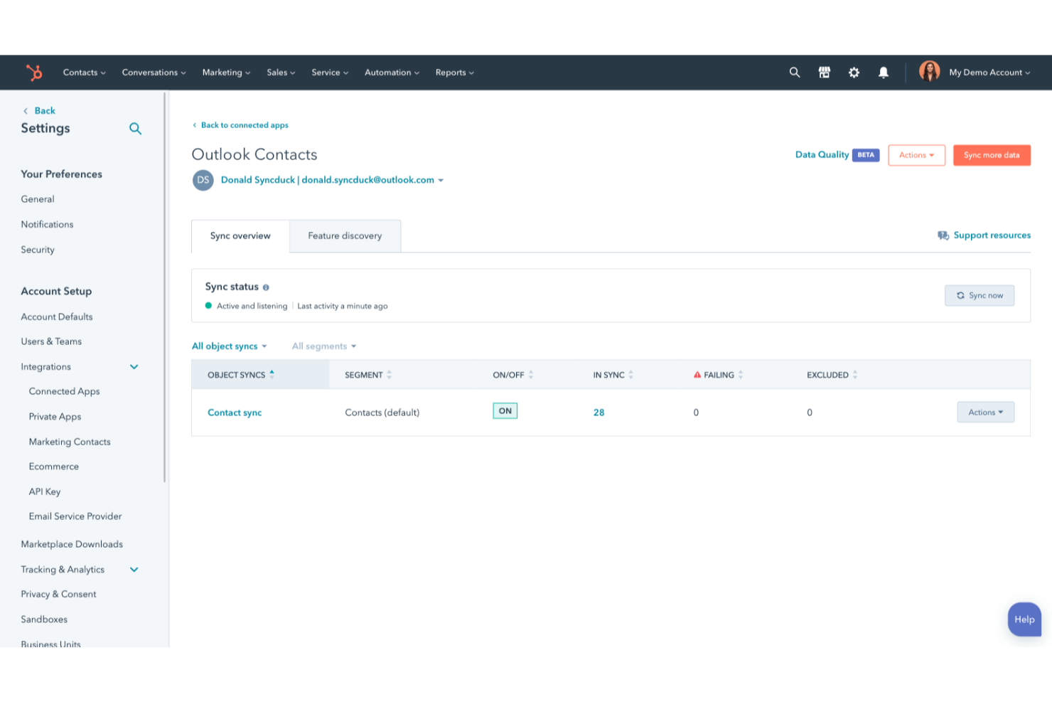 Outlook Contacts screenshot - Las 10 mejores integraciones de HubSpot para 2026