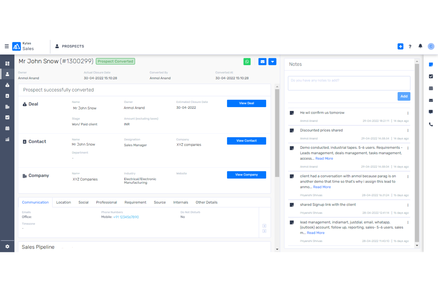 Kylas Sales CRM screenshot - 10 Migliori Strumenti di Monitoraggio delle Vendite per Piccole Imprese nel 2026